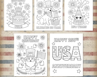 5 USA 250th Anniversary Coloring Pages, 2026 Happy Birthday America Printable, Semiquincentennial Kids Activity, Patriotic Party Favor Png