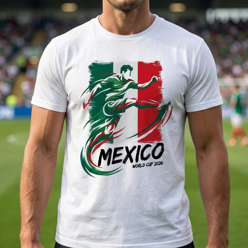 Może przedstawiać: Biała koszulka z graficznym przedstawieniem piłkarza w akcji, w barwach meksykańskiej flagi. Słowo "MEXICO" jest wyświetlane pogrubioną czcionką, a pod nim "WORLD CUP 2026".
