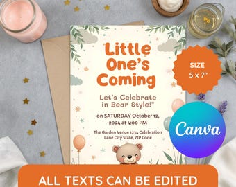 Little One’s Coming Baby Shower Invitation, Editable Canva Template, Bear Theme Neutral Invite, Gender Neutral Canva Template Invitation PDF