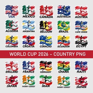Puede incluir: Im&aacute;genes PNG con banderas de pa&iacute;ses, cada una con un jugador de f&uacute;tbol. Las banderas incluyen Estados Unidos, M&eacute;xico, Canad&aacute;, Australia y m&aacute;s. El texto dice "WORLD CUP 2026 - COUNTRY PNG."
