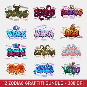 Zodiac Graffiti PNG-paket, gatukonst stjärntecken Clipart, urbant horoskop PNG-set, graffitistil astrologi horoskop skjorta png