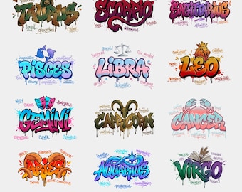 Zodiac Graffiti PNG Bundle, Street Art Zodiac Signs Clipart, Urban Horoscope PNG Set, Graffiti Style Astrology Horoscopes Shirt Png