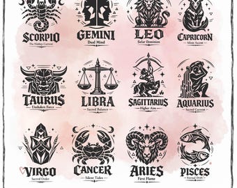 12 Zodiac Sign SVG PNG Bundle, Zodiac Sign Svg Bundle, Astrology Symbols Clipart, Horoscope Zodiac Designs, Astrology Signs Svg Png