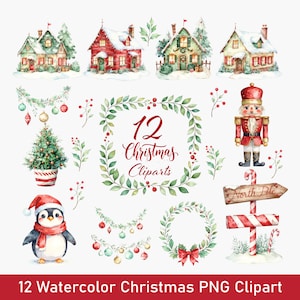 Puede incluir: Conjunto de imágenes prediseñadas navideñas en acuarela con casas festivas, un cascanueces, un pingüino, un árbol de Navidad, coronas y guirnaldas. El texto dice "12 Christmas Cliparts" y "North Pole". La imagen tiene un borde rojo con el texto "12 Watercolor Christmas PNG Clipart".