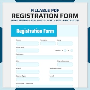 Könnte beinhalten: Ein ausfüllbares PDF-Registrierungsformular in Hellblau und Weiß. Das Formular enthält Felder für Name, Datum, Adresse und andere persönliche Informationen. Es enthält auch Optionsfelder, eine Popup-Datumsfunktion und eine Drucktaste.