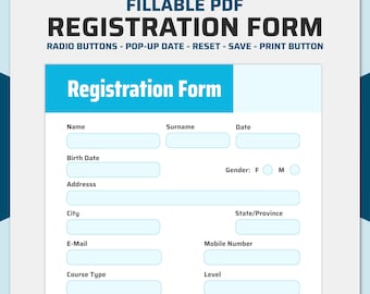 Ultimate Blue Fillable Registration Form with Droplist | Student Enrollment Form | Course Signup Form | Editable PDF | Instant Download