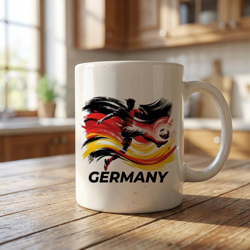 Puede incluir: Taza de cer&aacute;mica blanca con un dise&ntilde;o de un jugador de f&uacute;tbol pateando un bal&oacute;n, incorporando los colores de la bandera alemana. La palabra "GERMANY" est&aacute; impresa debajo. La taza tiene un asa curvada.