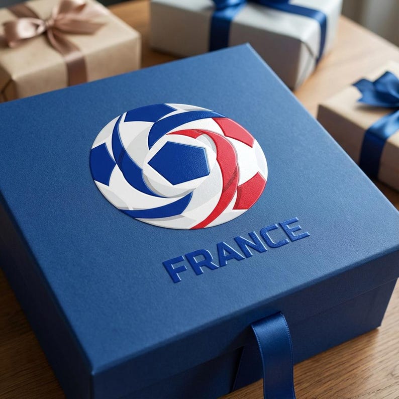 May include: A navy blue gift box with a soccer ball design in red, white, and blue. The word "FRANCE" is embossed on the box. Other gift boxes with ribbons are in the background.