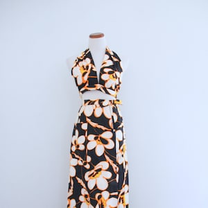 1960s Lillie Rubin Hawaiian 2 Piece Dress Halter Top Wrap Skirt Tropical Print Womens Vintage Small