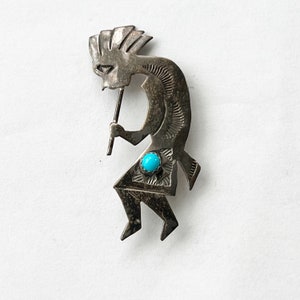 Kokopeli Sterling Silver Brooch Turquoise Color Stone Womens Vintage Southwest Pin