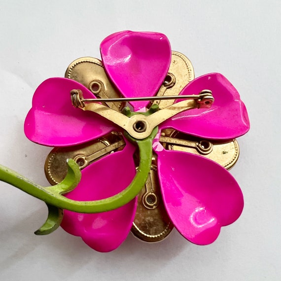 1960s Jewel Enamel Flower Brooch Hot Pink Pin - image 8