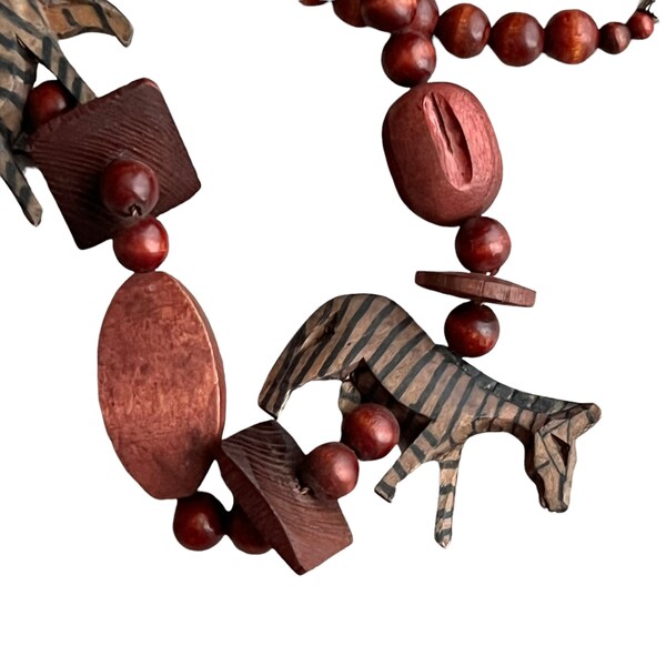 1980s Bead Necklace Zebras Africa Wood Beads Womens Vintage Jewelry