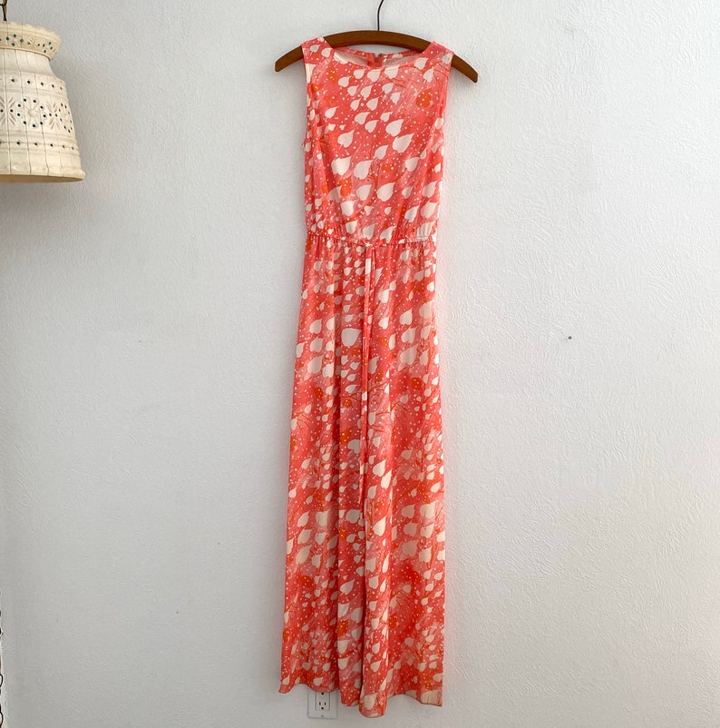 1970s Polyester Leisure Jumpsuit Pink White Leaves Wide Leg Etsy