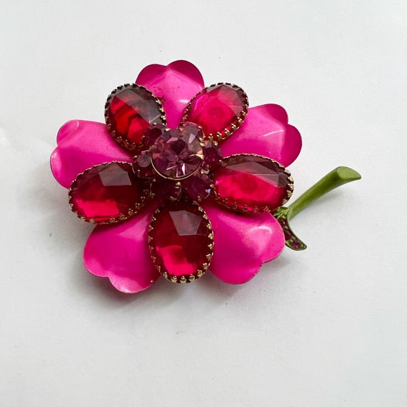 1960s Jewel Enamel Flower Brooch Hot Pink Pin - image 6