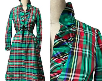 1960s Lilli Diamond Plaid Tafetta Dress Velvet And Ruffle Detail Christmas Womens Vintage XS S