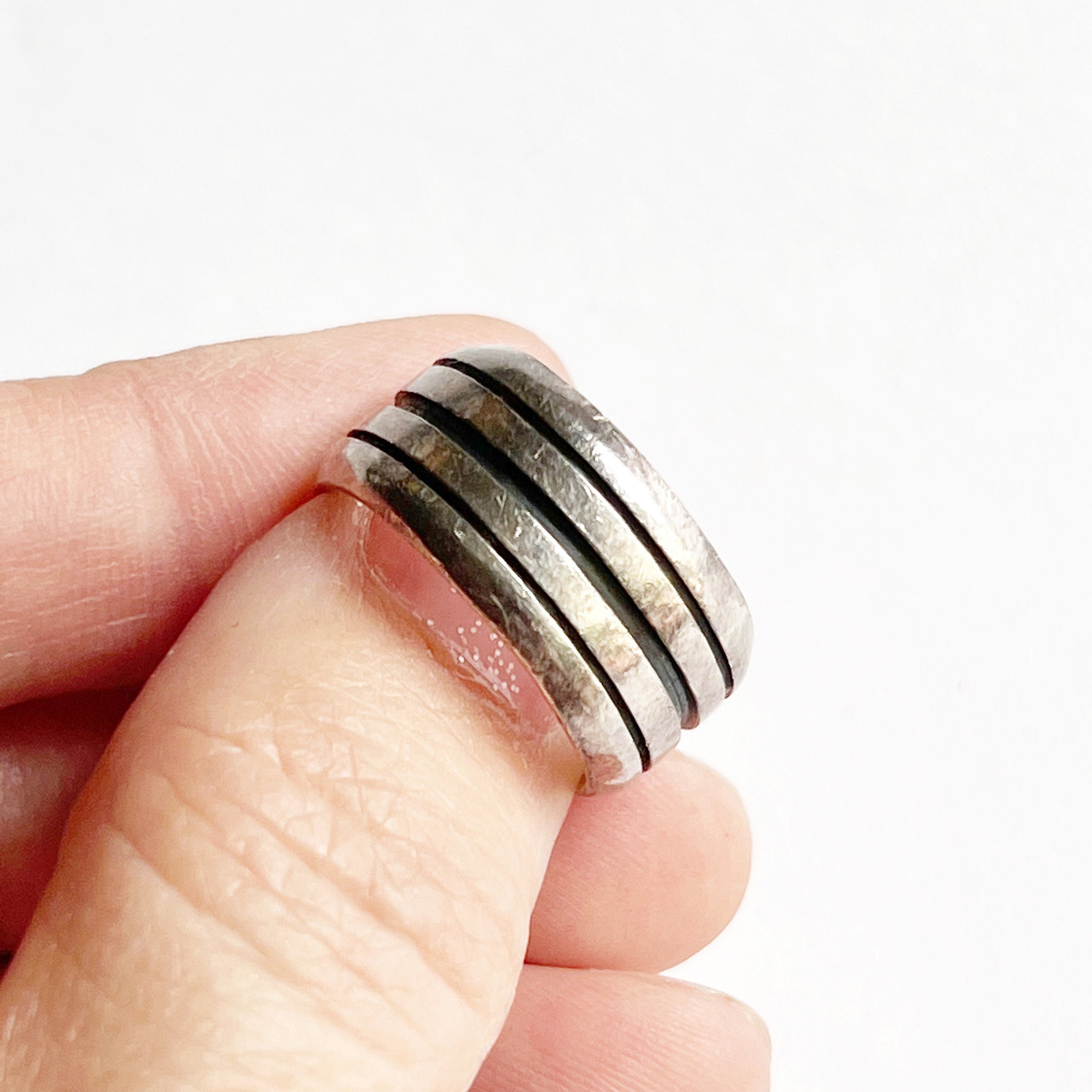 Mexico 925 Sterling Silver Thick Band With Etched Lines Mens