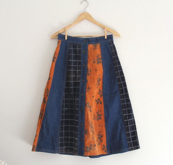 1980s Suede Patch Skirt Denim Western Snap Front … - image 1