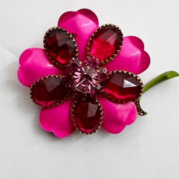 1960s Jewel Enamel Flower Brooch Hot Pink Pin - image 7