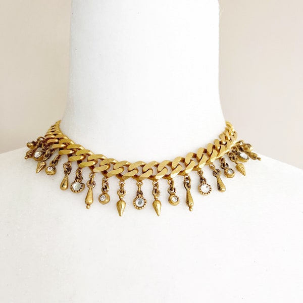 Patricia Locke Gold Tone Choker Rhinestone Dangles Signed Runway Glam Womens Vintage Designer Jewelry