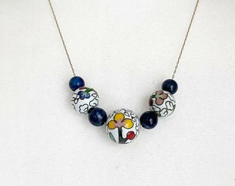1980s 14K Yellow Gold Necklace Cloisonne Beads Round Colorful Flowers 18 Inches Womens Vintage Jewelry