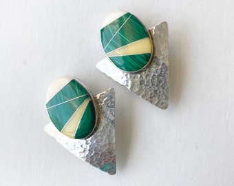 1980s Sterling Silver Malachite Clip On Earrings Southwest Inlaid Triangles Womens Vintage Clip Back Earrings