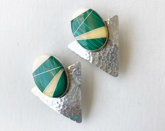 1980s Sterling Silver Malachite Clip On Earrings Southwest Inlaid Triangles Womens Vintage Clip Back Earrings