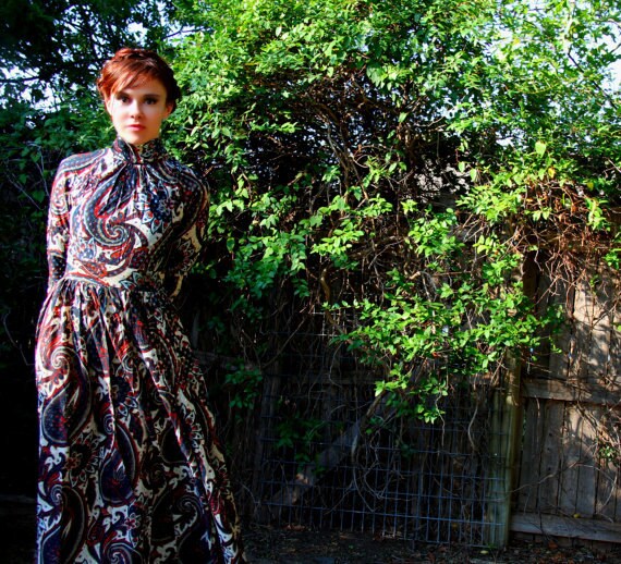 1960s Paisley Maxi Dress Metallic High Neck Full L