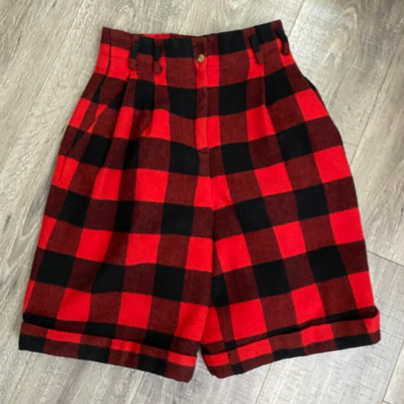 1980s British Khaki Buffalo Check Plaid Shorts High W… - Gem