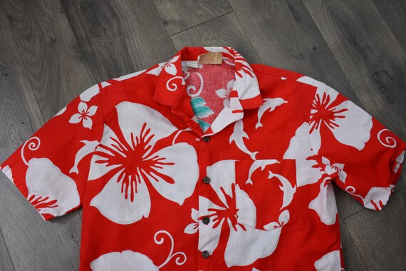 1980s Red Hawaiian Shirt Dolphin Hibiscus Bold Pr… - image 3