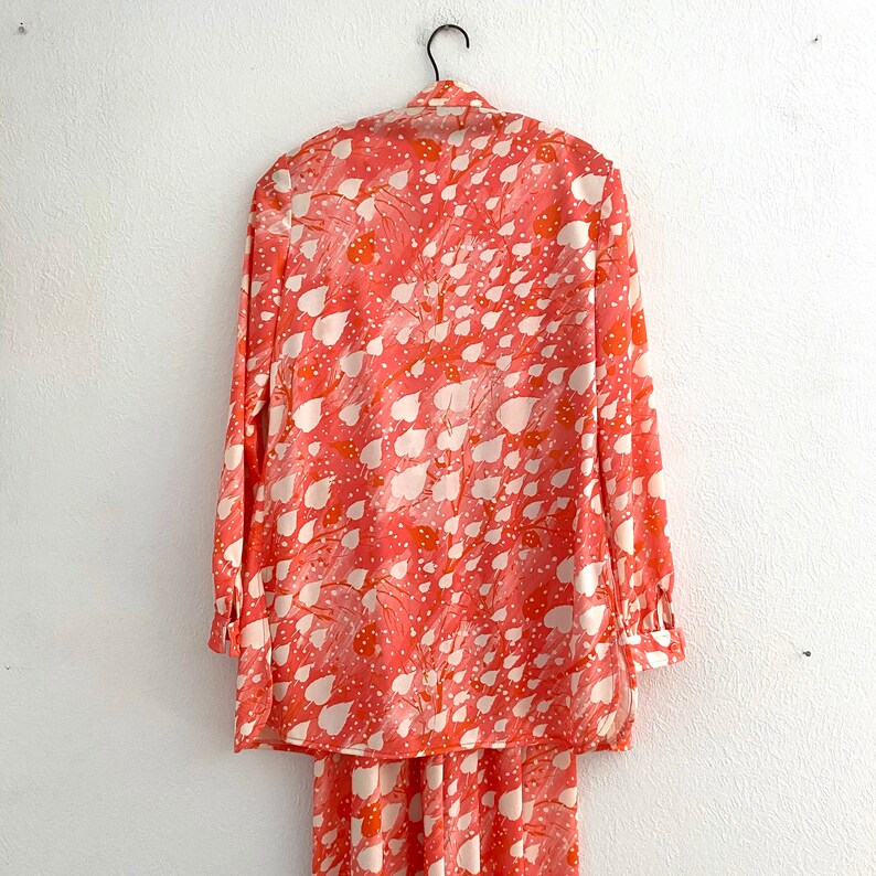 1970s Polyester Leisure Jumpsuit Pink White Leaves Wide Leg Etsy