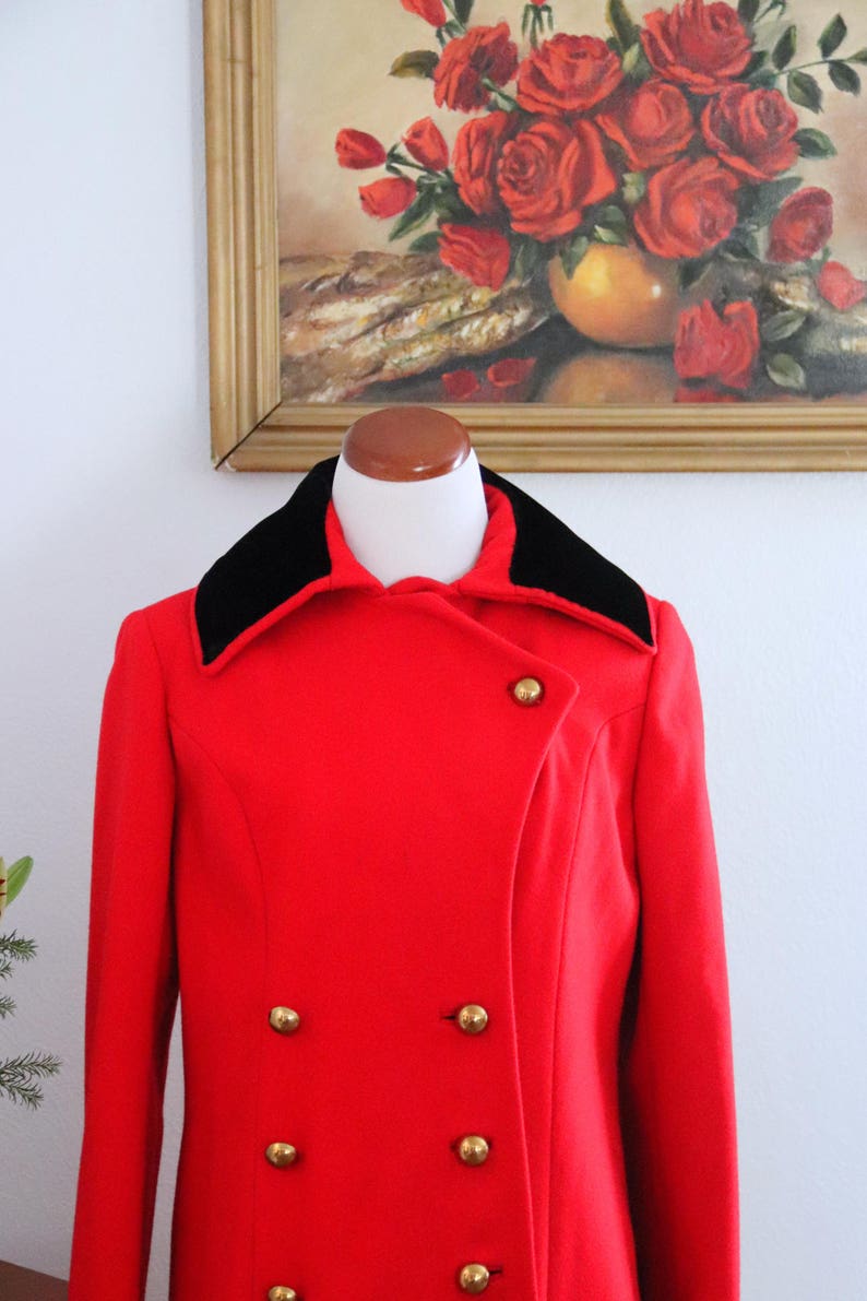 1970s Red Black Velvet Vintage Pea Coat Mid Thigh Gold Buttons - Etsy
