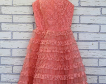 1950s Peach Prom Dress Pink Formal Lace Tulle Fit and Flare Spaghetti Strap Womens Vintage Small