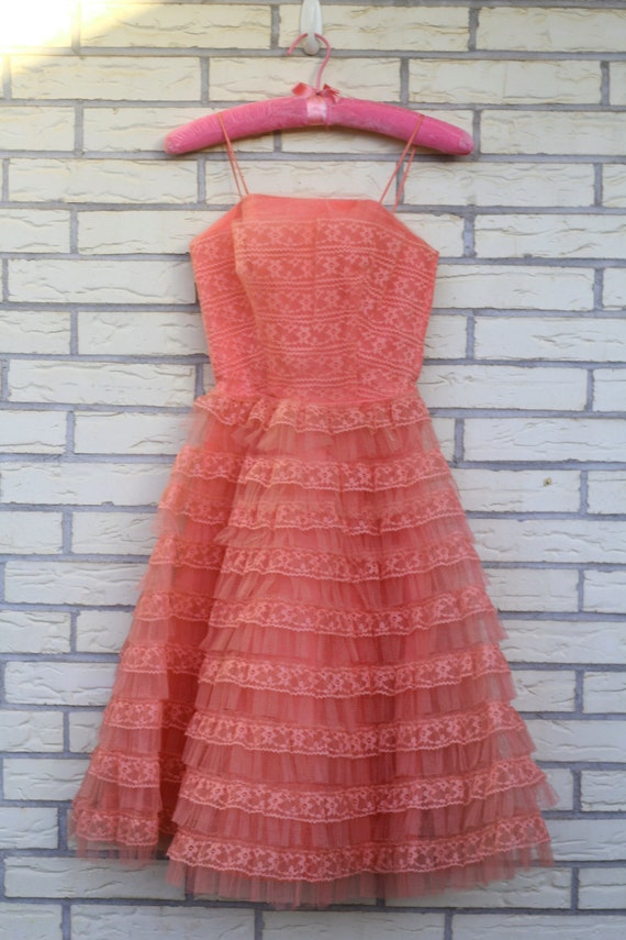 1950s Peach Prom Dress Pink Formal Lace Tulle Fit and Flare