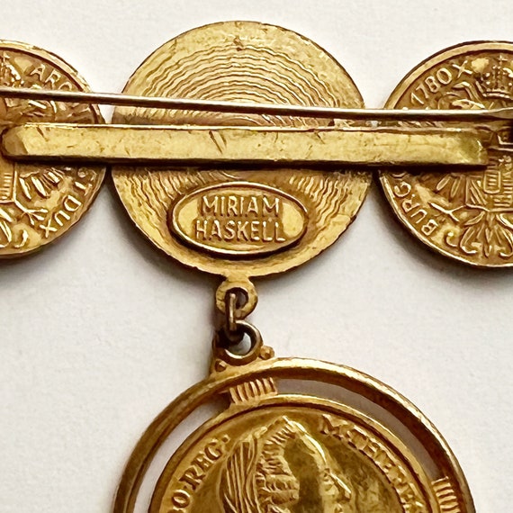 Miriam Haskell Coin Brooch Gold Tone Horizontal Dangle