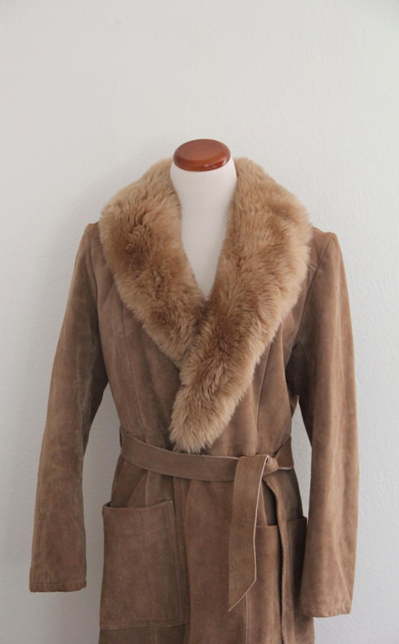 Worth Vintage 90s Wool Silk Faux Fur Collar Long Coat Size P