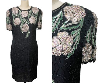 Scala Beaded Flower Dress Keyhole Back Shoulder Pads Womens Vintage Cocktail Dress Large Extra Large
