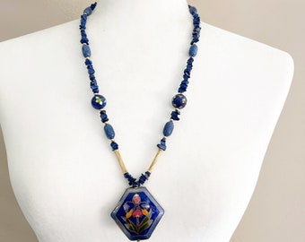 Cloisonné Statement Necklace Royal Blue Flower Beads Womens Vintage Statement Jewelry