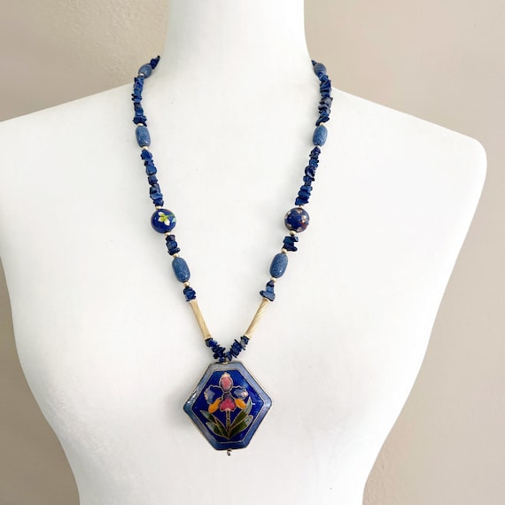 Cloisonné Statement Necklace Royal Blue Flower Be… - image 1