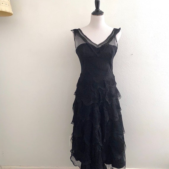 1940s Lacy Black Dress Ruffles Net Midi Length Got