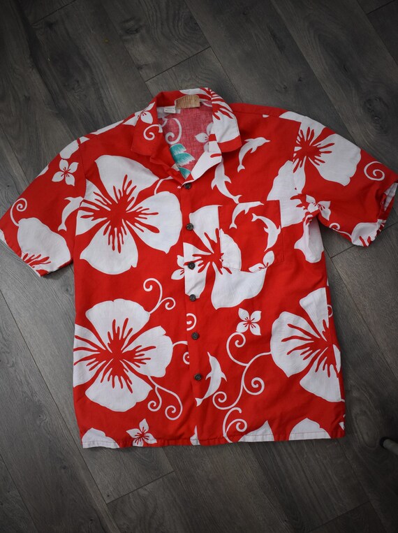 1980s Red Hawaiian Shirt Dolphin Hibiscus Bold Pr… - image 2