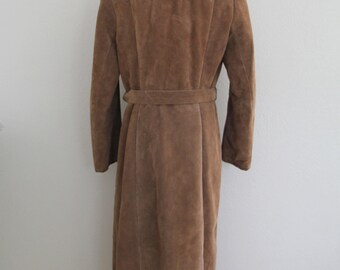1980s Long Coat Brown Suede Faux Fur Collar Bonwit Teller Belted  