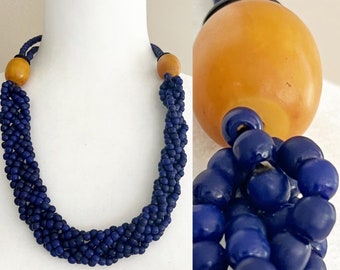 Cobalt Blue Bead Necklace Large Mustard Stones Bakelite Ethnic Womens Vintage Jewelry