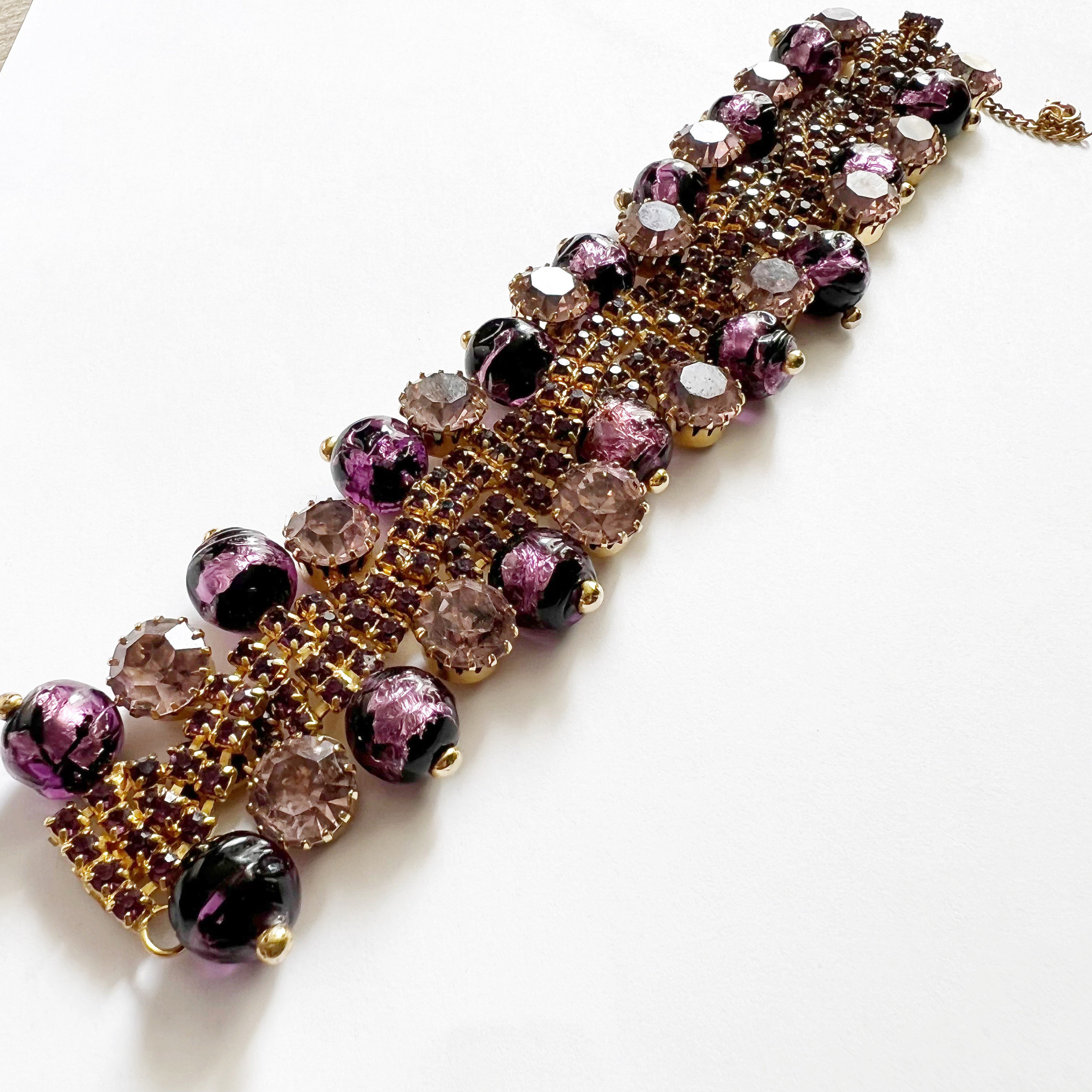 Alice Caviness Purple Rhinestone Bead Bracelet Wide Cuff Signed Womens Vintage Jewelry Etsy