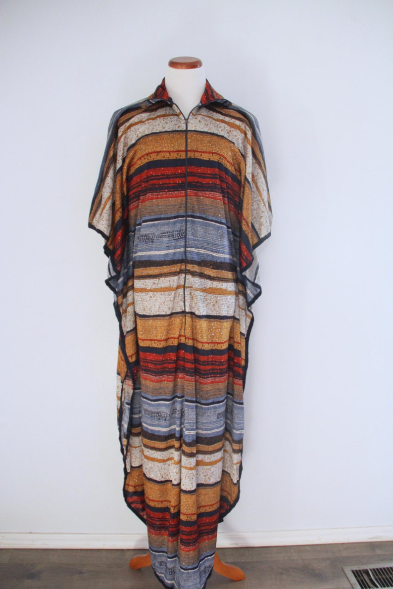 1970's Caftan Dress High Neck Multi Colored Bat Wing Maxi Dress Full Length Womens Vintage Medium Tall image 2