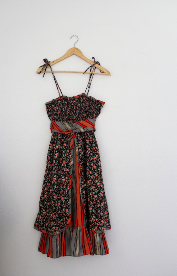 1970s Peasant Sundress Floral Stripes Black Red Sp