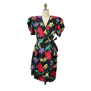 Raoul Blanco Floral Dress Exaggerated Sleeves Silk Faux Wrap Womens Vintage Medium Large