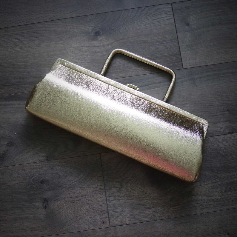 1960s Gold Metallic Foil Handbag Slim Rectangle Top Handle Made in Florida
