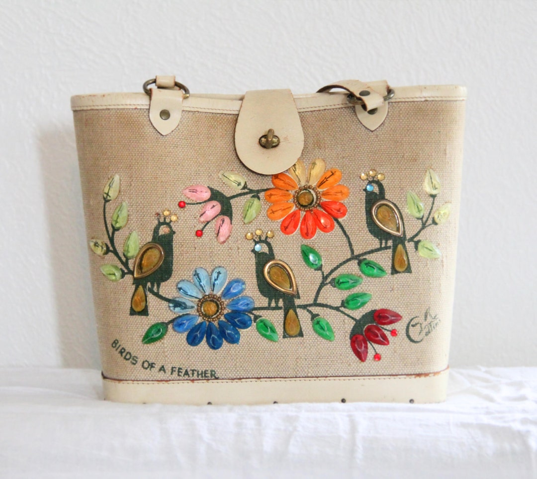 1960s Enid Collins Jeweled Bag Hard Shell Burlap Birds of a