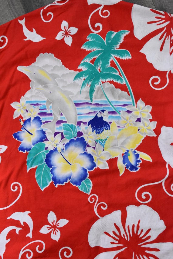 1980s Red Hawaiian Shirt Dolphin Hibiscus Bold Pr… - image 5