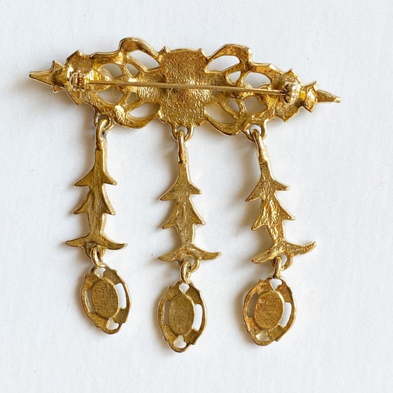 1980s Gold Tone Jeweled Brooch Dangle Pendants Wo… - image 7